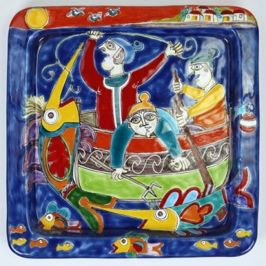 Piatto quadrato ceramica siciliana artigianale DS 28x28 Pescatori PQ28DS-4 Piatto quadrato ceramica siciliana artigianale DS 28x28 Pescatori PQ28DS-4
